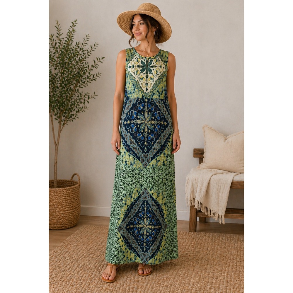 Chicos Maxi Dress Women's Boho Geometric Print Sz XS Sleeveless Tie Side Slit